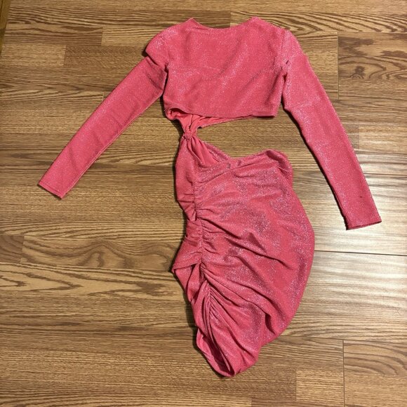 Oh Polly Women 2 Pink Glitter Ruched Cutout Long Sleeve Disco Inferno Mini Dress - Picture 12 of 12